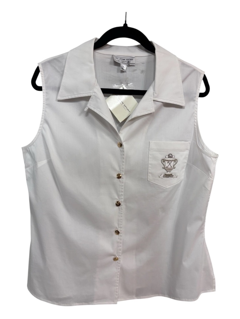NWT St John Sport Sleeveless White Button-Front Shirt w Embroidered Pocket Sz L